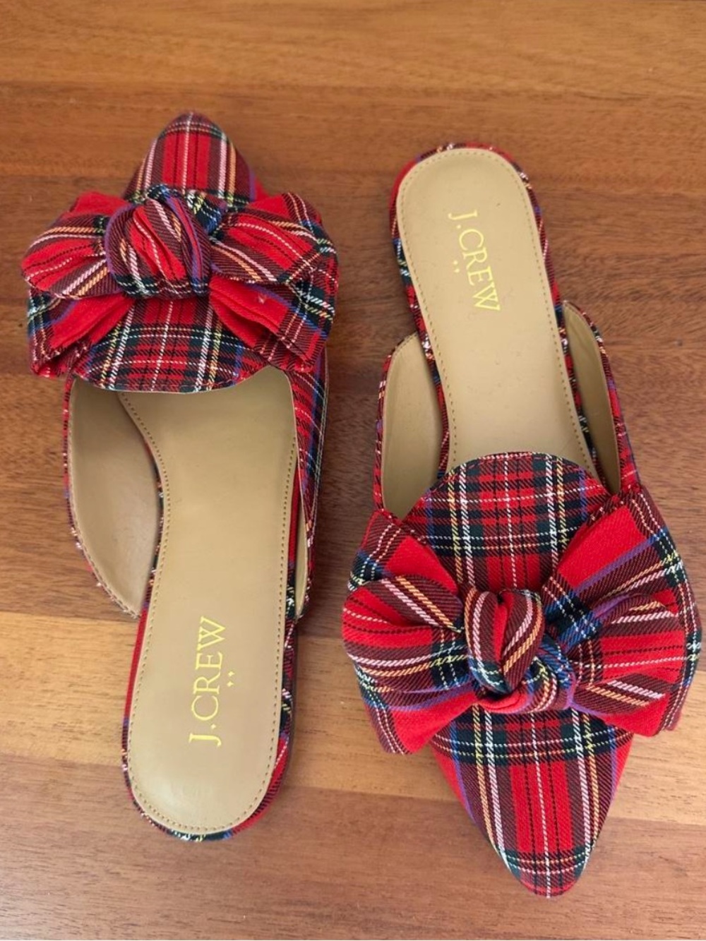 J. Crew Red Plaid Bow Pointed Toe Mules